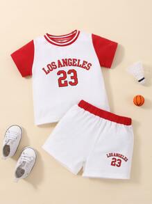 男嬰字母圖案撞色T恤和短褲 - 白色 - 查看 1