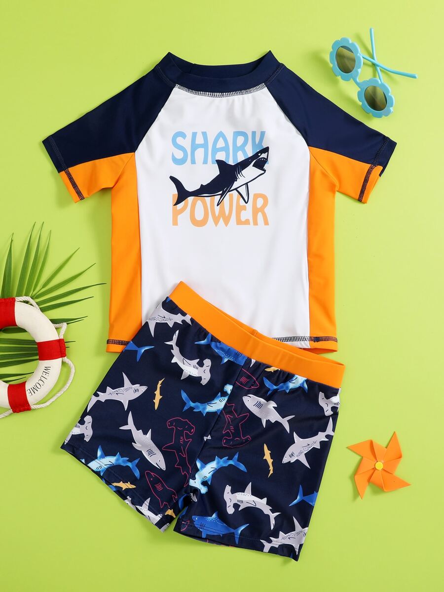 Boys Shark Print Beach Swimsuit - Orange - View 1