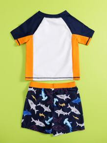 Boys Shark Print Beach Swimsuit - Orange - View 2