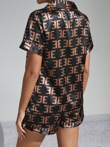 Allover Letter Graphic Contrast Binding Satin PJ Set - Multicolor - View 2