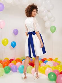 SHEINNeu Contrast Lace Tie Back Dress With Removable Apron - Blue and White - View 2