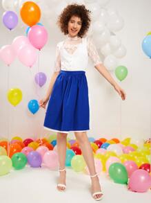 SHEINNeu Contrast Lace Tie Back Dress With Removable Apron - Blue and White - View 3