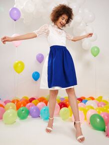 SHEINNeu Contrast Lace Tie Back Dress With Removable Apron - Blue and White - View 4