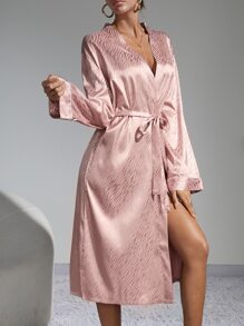Striped Belted Satin Robe - Dusty Pink - View 3