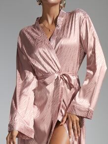 Striped Belted Satin Robe - Dusty Pink - View 4