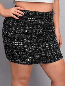 大碼格紋假鈕扣粗花呢半身裙 - 黑色 - 查看 3