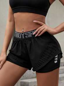 SHEIN Sport Gameset Letter Graphic Eyelet 2 In 1 Sports Shorts Black ShortsWomen Sweat Short, Gym Short, Biker Short