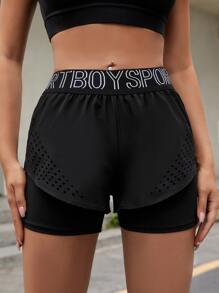 SHEIN Sport Gameset Letter Graphic Eyelet 2 In 1 Sports Shorts Black ShortsWomen Sweat Short, Gym Short, Biker Short