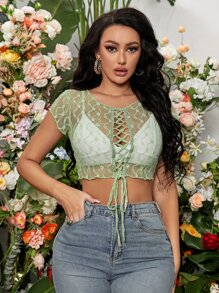 SHEIN SXY 前繫帶蕾絲薄透上衣不附胸罩 - 青檸色 - 查看 3