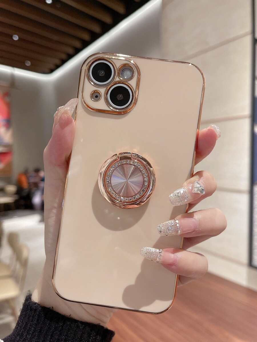 Apple Metal Electroplated Ring Holder Phone Case Compatible With IPhone 15, IPhone 15 Pro, IPhone 15 Pro Max, IPhone 16, IPhone 16 Pro, IPhone 16 Plus, IPhone 16 Pro Max Waterproof Shockproof Anti-Fall Scratch Resistant - Rose Gold - View 1