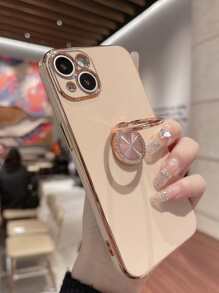 Apple Metal Electroplated Ring Holder Phone Case Compatible With IPhone 15, IPhone 15 Pro, IPhone 15 Pro Max, IPhone 16, IPhone 16 Pro, IPhone 16 Plus, IPhone 16 Pro Max Waterproof Shockproof Anti-Fall Scratch Resistant - Rose Gold - View 2