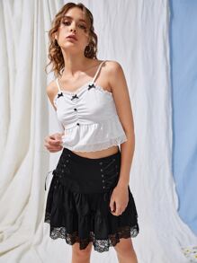 ROMWE 網眼刺繡荷葉擺吊帶上衣和繫帶半身裙 - 黑與白 - 查看 1