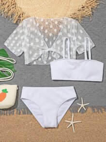 Tween Girl 3packs Bộ bikini trơn & họa tiết chấm bi che đi bãi biển mùa hè - trắng - Xem 1