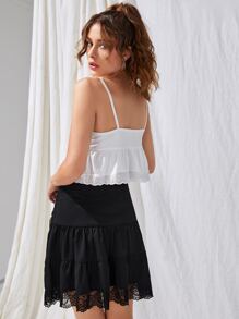 ROMWE 網眼刺繡荷葉擺吊帶上衣和繫帶半身裙 - 黑與白 - 查看 2