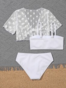 Tween Girl 3packs Bộ bikini trơn & họa tiết chấm bi che đi bãi biển mùa hè - trắng - Xem 2