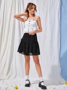 ROMWE 網眼刺繡荷葉擺吊帶上衣和繫帶半身裙 - 黑與白 - 查看 4