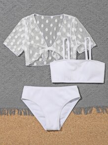 Tween Girl 3packs Bộ bikini trơn & họa tiết chấm bi che đi bãi biển mùa hè - trắng - Xem 5