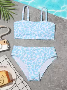 SHEIN Tween Girl Leopard Bikini Set Summer Beach - Blue and White - View 1