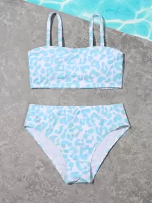 SHEIN Tween Girl Leopard Bikini Set Summer Beach - Blue and White - View 5