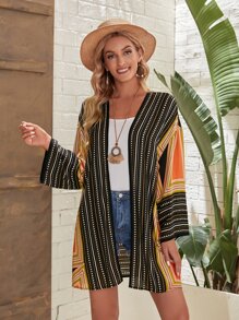 EMERY ROSE Geo and Polka Dot Print Bell Sleeve Kimono - Multicolor - View 1