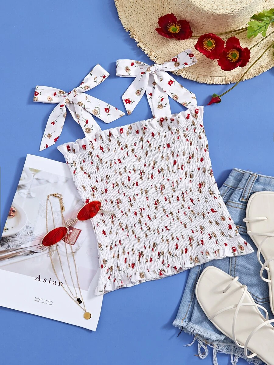 肩上打結小碎花打攬吊帶上衣 - 彩色 - 查看 1