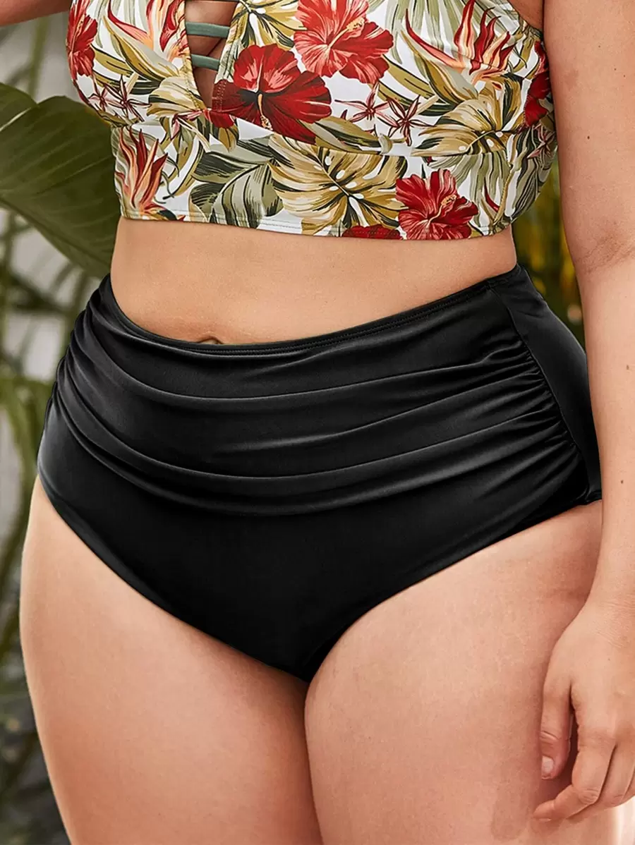 Swim Basics Summer Beach Plus Solid Ruched Bikini Bottom - Black - View 1