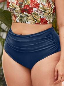 Swim Basics Summer Beach Plus Solid Ruched Bikini Bottom - Navy Blue - View 1