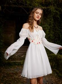 ROMWE Floral Pattern Lace Up Back Shapewear Top - Beige - View 1