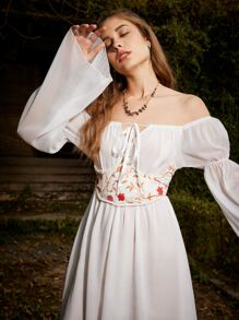 ROMWE Floral Pattern Lace Up Back Shapewear Top - Beige - View 2