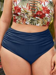 Swim Basics Summer Beach Plus Solid Ruched Bikini Bottom - Navy Blue - View 3