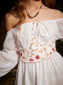 ROMWE Floral Pattern Lace Up Back Shapewear Top - Beige - View 3