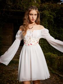 ROMWE Floral Pattern Lace Up Back Shapewear Top - Beige - View 4