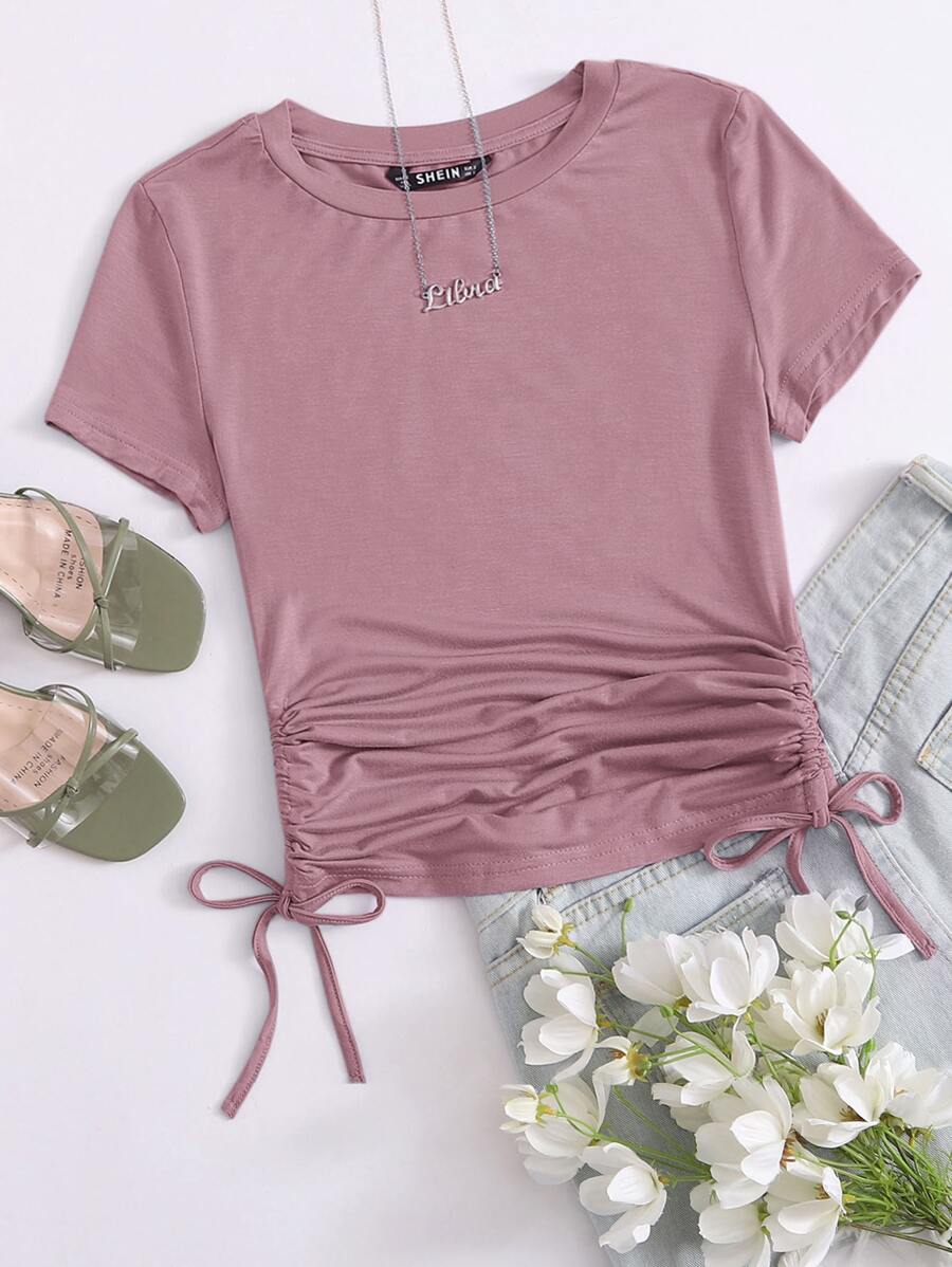 SHEIN Essnce Plus Drawstring Ruched Side Solid Top - Dusty Pink - View 1