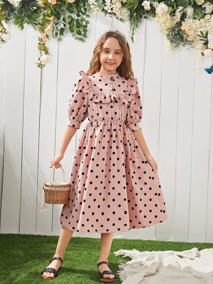 SHEIN Girls 1個 水玉模様 フリルトリム ドレス | SHEIN JAPAN