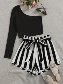 SHEIN Essnce Plus One Shoulder Tee and Self Belted Striped Shorts Set - Black and White - View 1