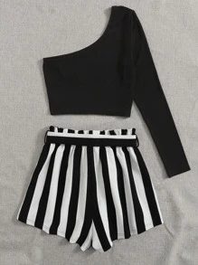 SHEIN Essnce Plus One Shoulder Tee and Self Belted Striped Shorts Set - Black and White - View 2