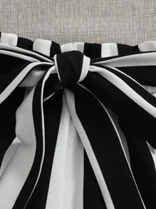 SHEIN Essnce Plus One Shoulder Tee and Self Belted Striped Shorts Set - Black and White - View 3