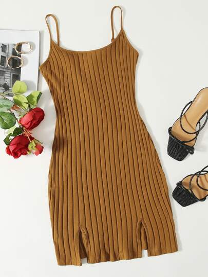 Plus Solid Rib-knit M-Slit Bodycon Dress