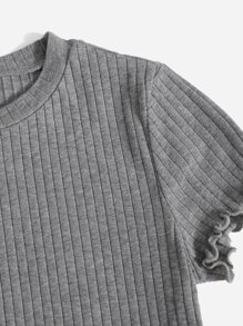SHEIN EZwear 素色小褶邊羅紋針織T恤 - 灰色 - 查看 4
