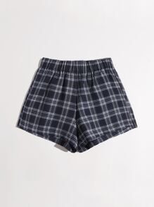 SHEIN EZwear Quần short ống rộng in họa tiết kẻ caro lưng thun co giãn, mùa hè - Màu xanh hải quân - Xem 4
