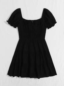 SHEIN VCAY Plus Scoop Neck Puff Sleeve Ruffle Hem Dress - Black - View 4