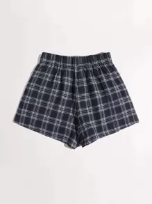 SHEIN EZwear Quần short ống rộng in họa tiết kẻ caro lưng thun co giãn, mùa hè - Màu xanh hải quân - Xem 2