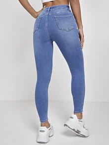SHEIN PETITE 高腰水洗緊身牛仔褲 - 淺色水洗藍 - 查看 2