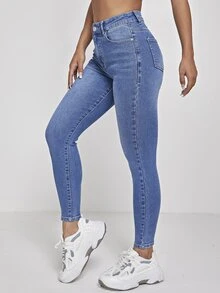 SHEIN PETITE 高腰水洗緊身牛仔褲 - 淺色水洗藍 - 查看 4