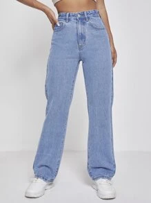 SHEIN PETITE Quần jean nữ Nút Túi Dây kéo màu trơn - Rửa trung bình - Xem 1