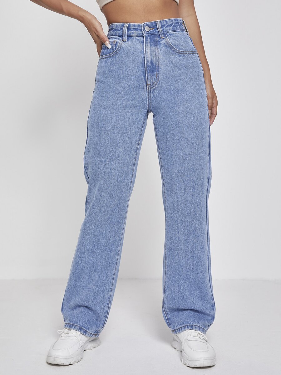 SHEIN PETITE Quần jean nữ Nút Túi Dây kéo màu trơn - Rửa trung bình - Xem 1