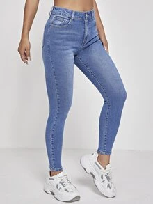 SHEIN PETITE 高腰水洗緊身牛仔褲 - 淺色水洗藍 - 查看 6
