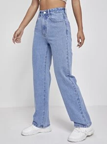 SHEIN PETITE Quần jean nữ Nút Túi Dây kéo màu trơn - Rửa trung bình - Xem 3