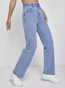 SHEIN PETITE Quần jean nữ Nút Túi Dây kéo màu trơn - Rửa trung bình - Xem 4