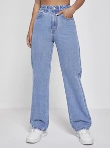 SHEIN PETITE Quần jean nữ Nút Túi Dây kéo màu trơn - Rửa trung bình - Xem 5